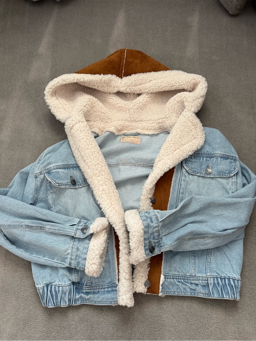 Free People Light Blue Denim Jacket with Brown Sherpa Hood - Picture 11 of 11